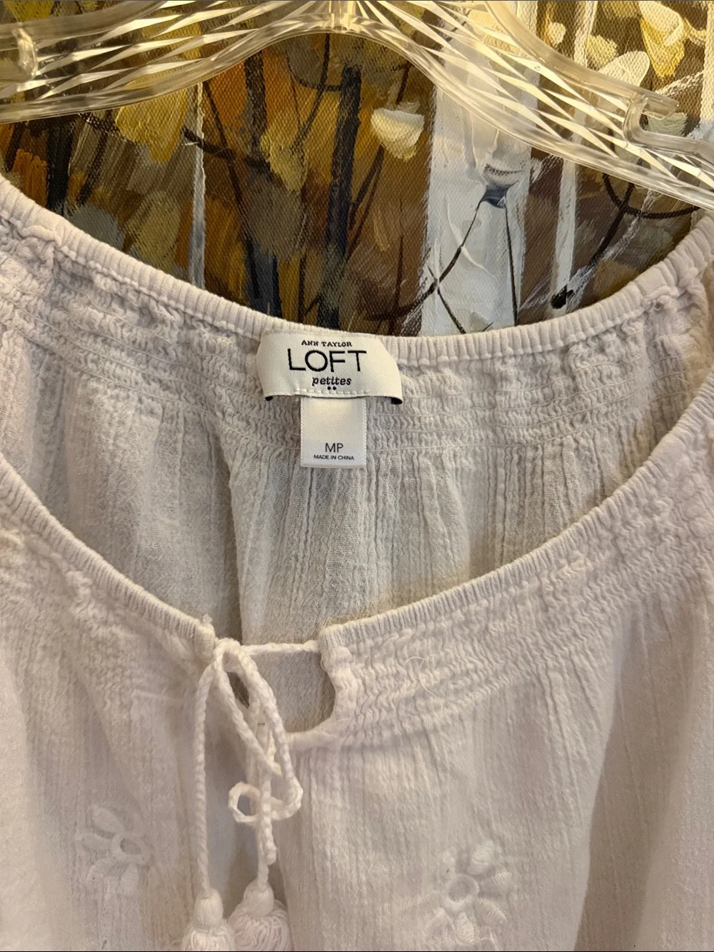 LOFT White Embroidered Peasant Top with Tassel Tie